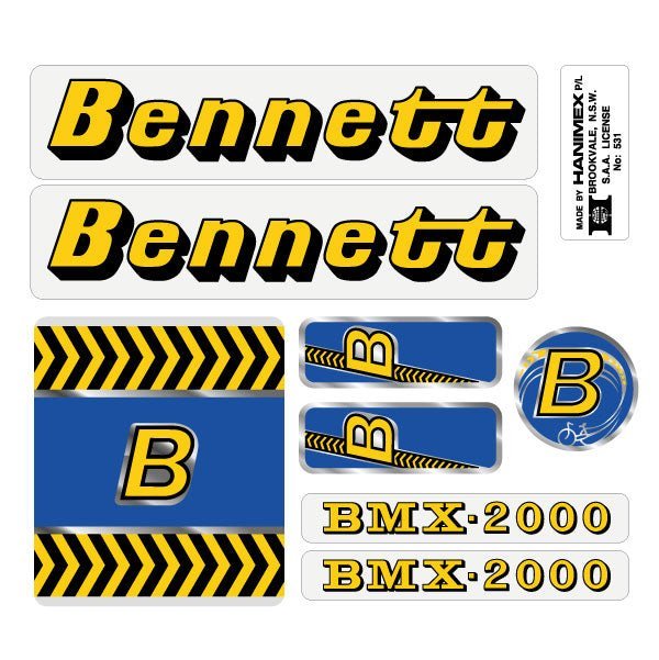 Bennett - BMX - 2000 YELLOW BLUE decal set - old school bmx - Bmx Products AU