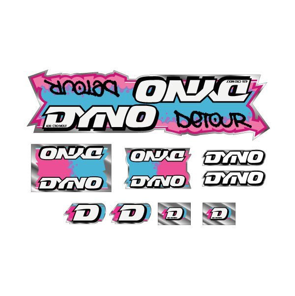 DYNO - 1988 DETOUR - Blue Pink on chrome decal set - old school bmx - Bmx Products AU