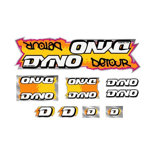 DYNO - 1988 DETOUR - Orange yellow on chrome decal set - old school bmx - Bmx Products AU
