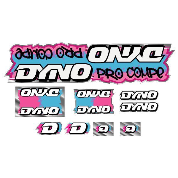 DYNO - 1988 PRO COMPE - Pink Blue on chrome decal set - old school bmx - Bmx Products AU