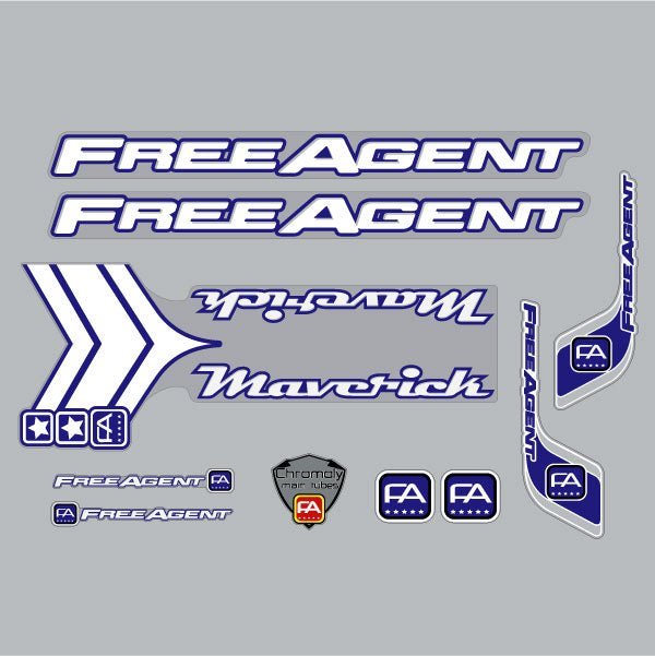 Free Agent - 99 Maverick - Blue & White clear decal set - old school bmx - Bmx Products AU