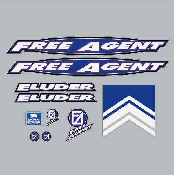 Free Agent - ELUDER - 96 - 97 Black, Blue & Purple on clear decal set - old school bmx - Bmx Products AU