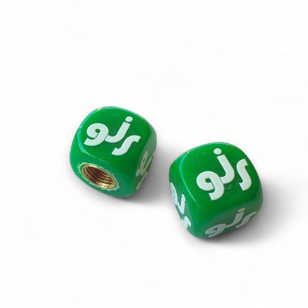 GJS - Logo Dice Tire Valve Caps (Pair) - GREEN - old school bmx - Bmx Products AU