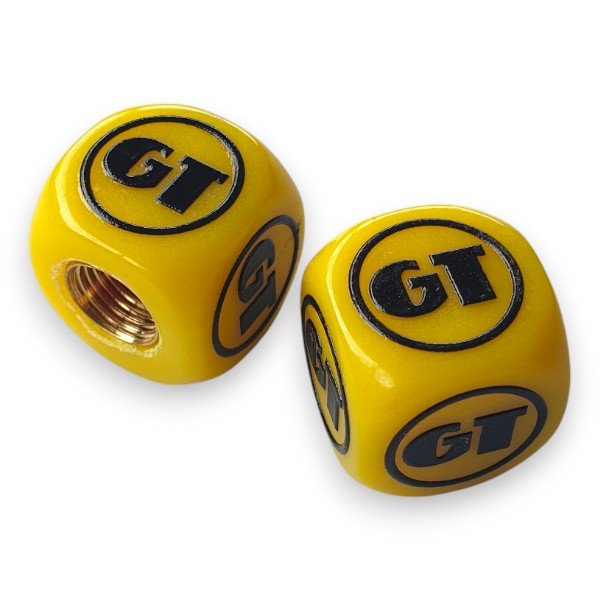 GT - One color Dice Tire Valve Caps (Pair) - Yellow - old school bmx - Bmx Products AU
