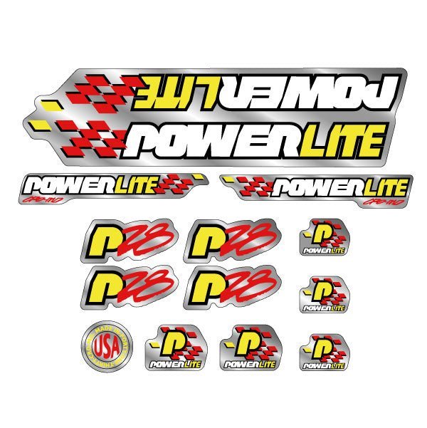 Powerlite - P28 - Red Yellow White Black on Chrome decal set - old school bmx - Bmx Products AU