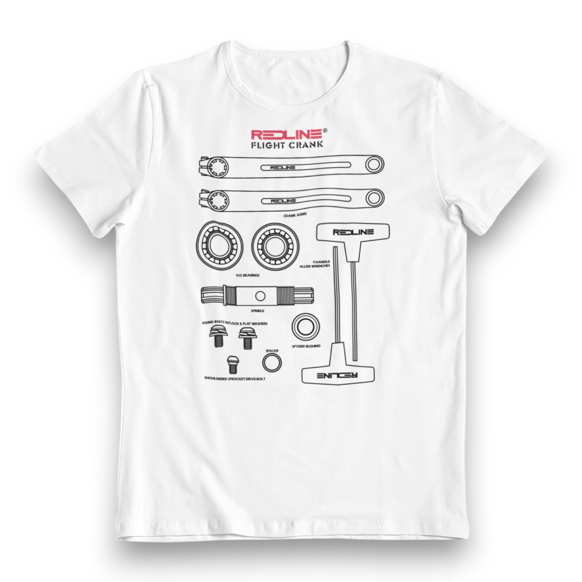 Redline - 80's Flight Cranks box art logo - White Tshirt - old school bmx - Bmx Products AU