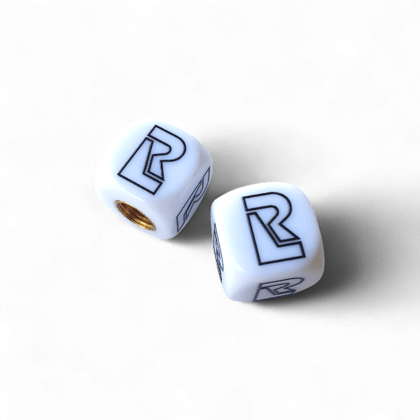 Redline - R Logo Dice Tire Valve Caps (Pair) - WHITE - old school bmx - Bmx Products AU