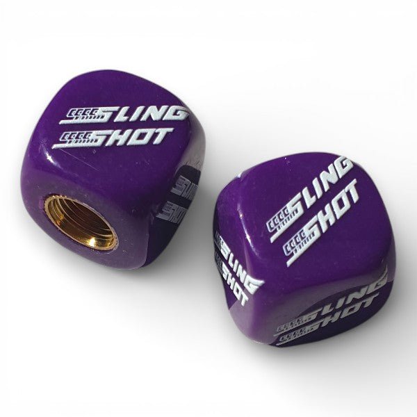 Sling Shot - Orange Logo Dice Tire Valve Caps (Pair) - PURPLE - old school bmx - Bmx Products AU