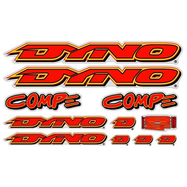 DYNO - 1996 COMPE decal set Red on chrome - old school bmx - Bmx Products AU