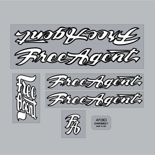 Free Agent - 84 - 89 - White & Black outline on clear decal set - old school bmx - Bmx Products AU