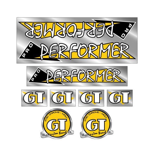 GT - 1986 PRO Performer - Yellow and Black on Chrome - decal set - Old school bmx - Bmx Products AU