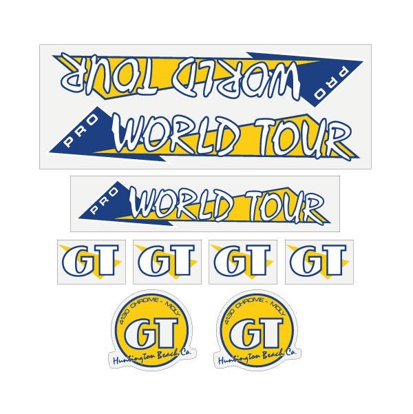 GT - 1986 PRO World Tour - Yellow and blue on clear - decal set - Old school bmx - Bmx Products AU