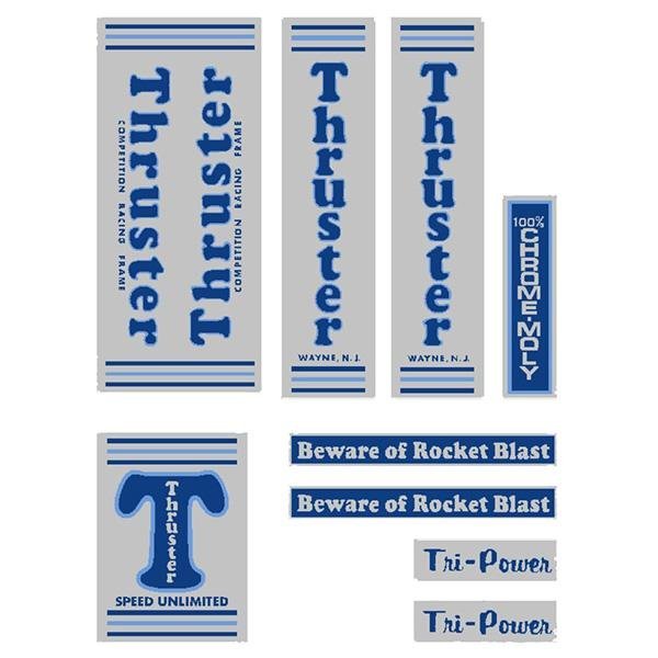 Thruster - TRI POWER BLUE T on chrome decal set - old school bmx - Bmx Products AU