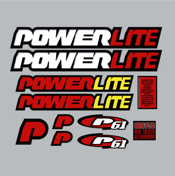 Powerlite - 1997 P61 White decal set for yellow frame CATALOG VERSION - old school bmx
