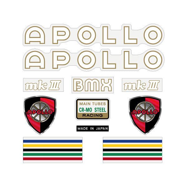 Apollo - BMX MKIII - THIN FONT Gold White decal set - old school bmx - Bmx Products AU