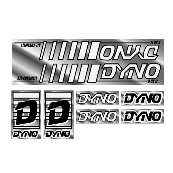 DYNO - 1985 D30FS - Black & white on chrome decal set - old school bmx - Bmx Products AU