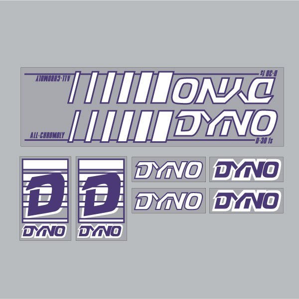 DYNO - 1985 D30FS - Purple & white on clear decal set - old school bmx - Bmx Products AU