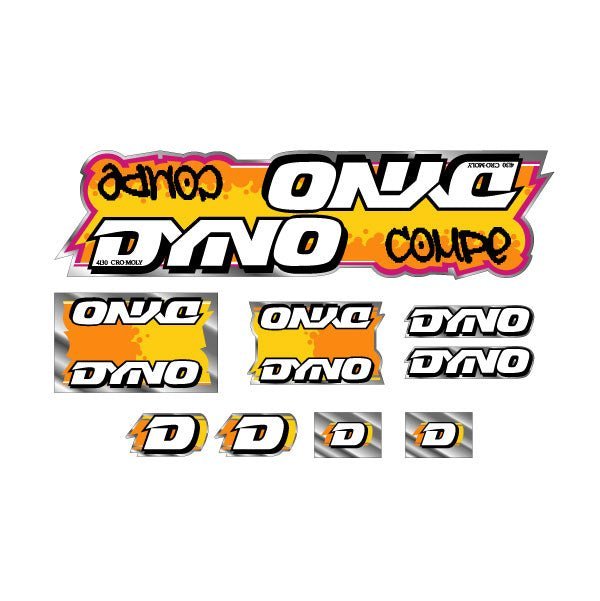 DYNO - 1988 COMPE - Orange yellow on chrome decal set - old school bmx - Bmx Products AU