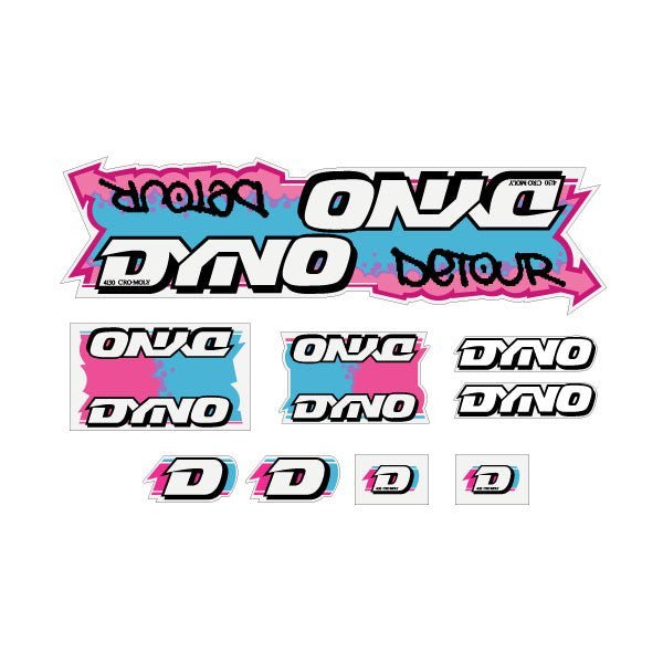 DYNO - 1988 DETOUR - Blue Pink on clear decal set - old school bmx - Bmx Products AU