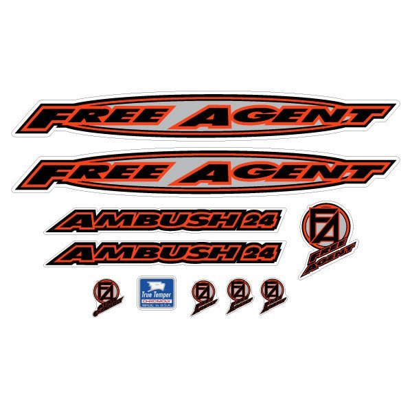 Free Agent - AMBUSH - 96 - 97 Black and Orange on clear decal set - old school bmx - Bmx Products AU