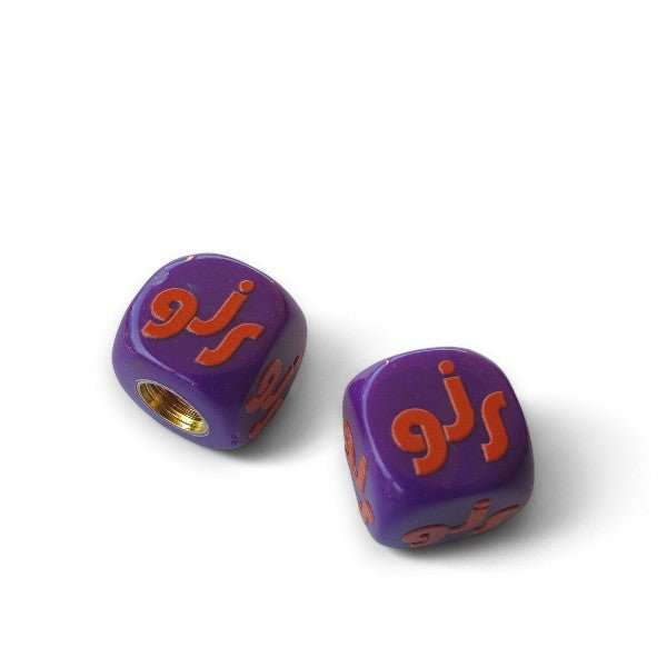 GJS - Orange Logo Dice Tire Valve Caps (Pair) - PURPLE - old school bmx - Bmx Products AU