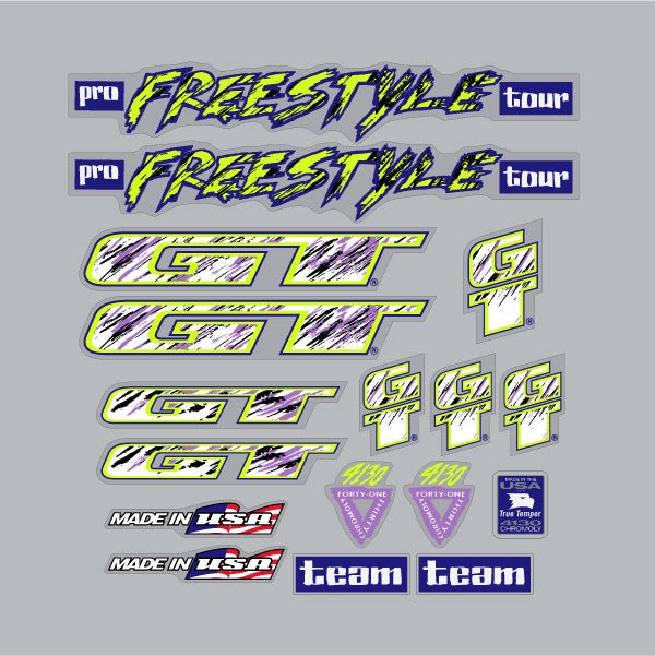 GT - 1993 Pro Freestyle Tour Decal set - Fluro Yellow - Old school bmx - Bmx Products AU