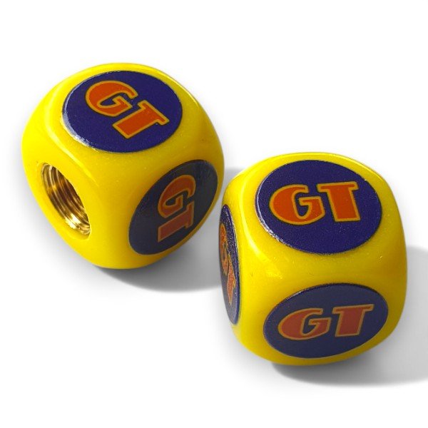 GT - 80's COIN logo Dice Tire Valve Caps (Pair) - Yellow - old school bmx - Bmx Products AU