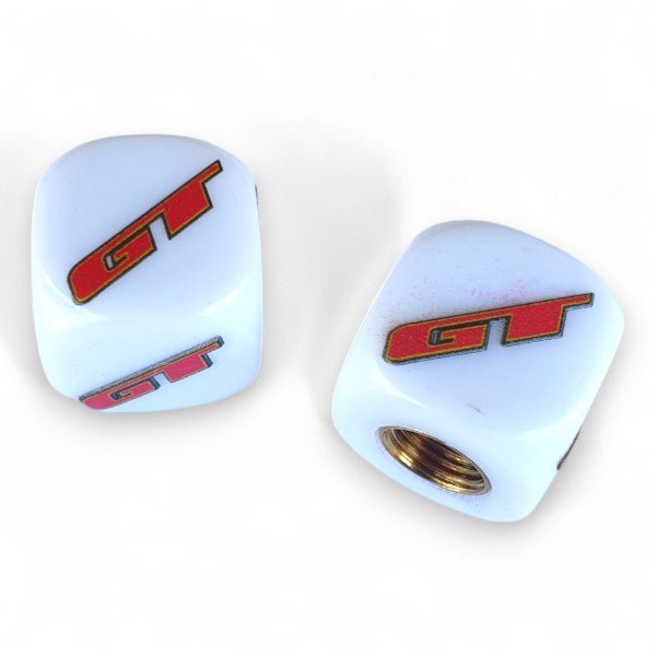 GT - 90's logo Dice Tire Valve Caps (Pair) - White - old school bmx - Bmx Products AU