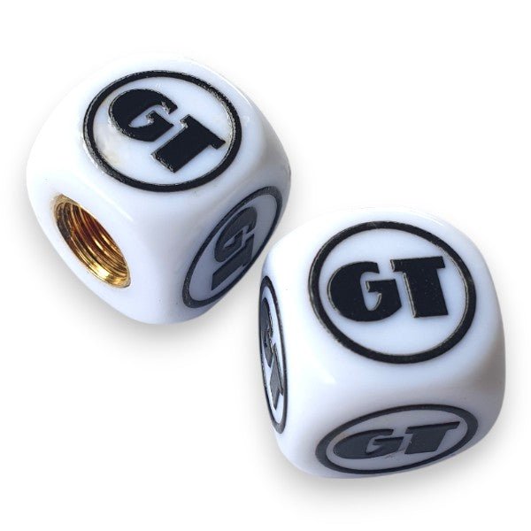 GT - One color Dice Tire Valve Caps (Pair) - White - old school bmx - Bmx Products AU