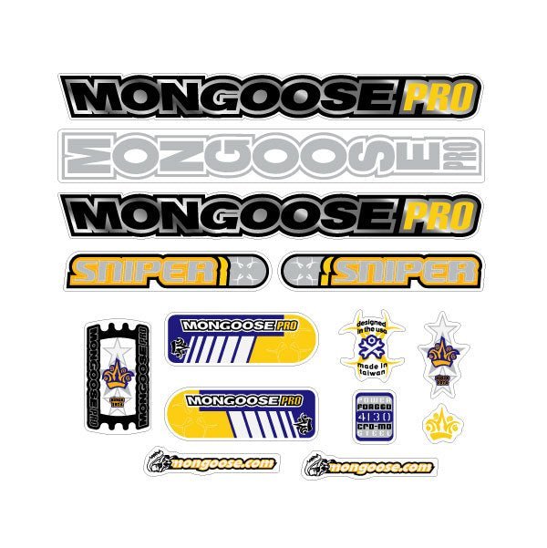Mongoose - 2001 Sniper Silver Yellow for chrome frame - Decal set - old school bmx - Bmx Products AU