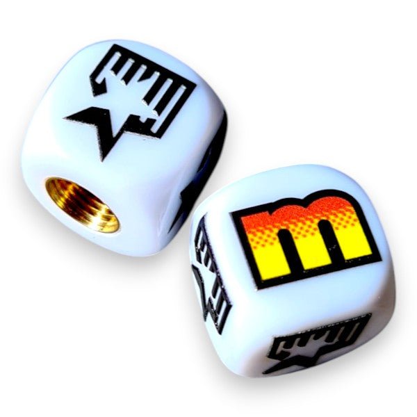 Mongoose - 83-85 Logo Dice Tire Valve Caps (Pair) - WHITE - Bmx Products AU