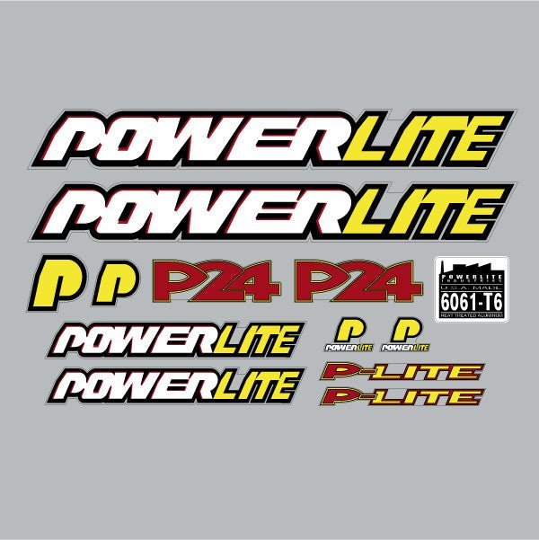 Powerlite - P24 - Red Yellow White Black on Clear decal set - old school bmx - Bmx Products AU
