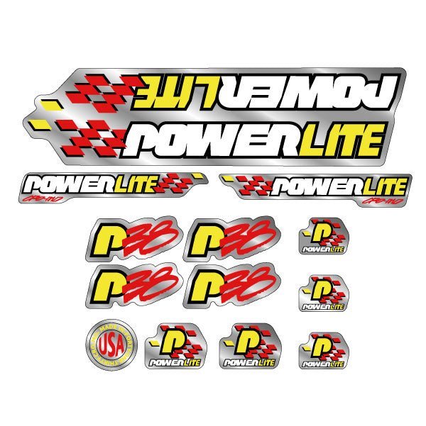 Powerlite - P38 - Red Yellow White Black on Chrome decal set - old school bmx - Bmx Products AU