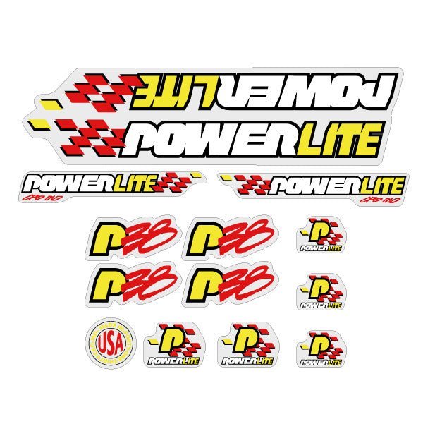 Powerlite - P38 - Red Yellow White Black on Clear decal set - old school bmx - Bmx Products AU