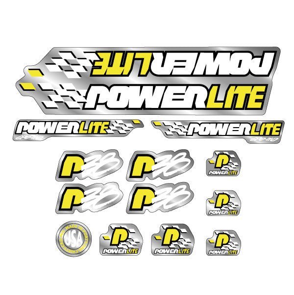 Powerlite - P38 - Yellow White Black on Chrome decal set - old school bmx - Bmx Products AU