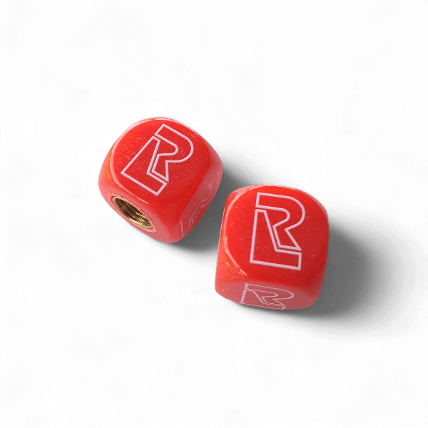 Redline - R Logo Dice Tire Valve Caps (Pair) - RED - old school bmx - Bmx Products AU