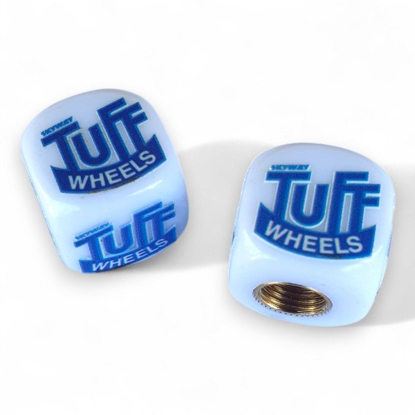SKYWAY - 70's TUFF WHEELS logo Dice Tire Valve Caps (Pair) - White - old school bmx - Bmx Products AU