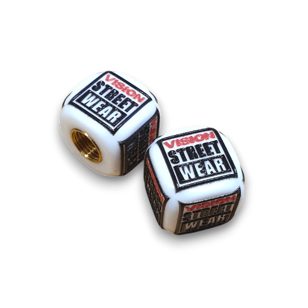 Vision - Logo Dice Tire Valve Caps (Pair) - WHITE - old school bmx - Bmx Products AU