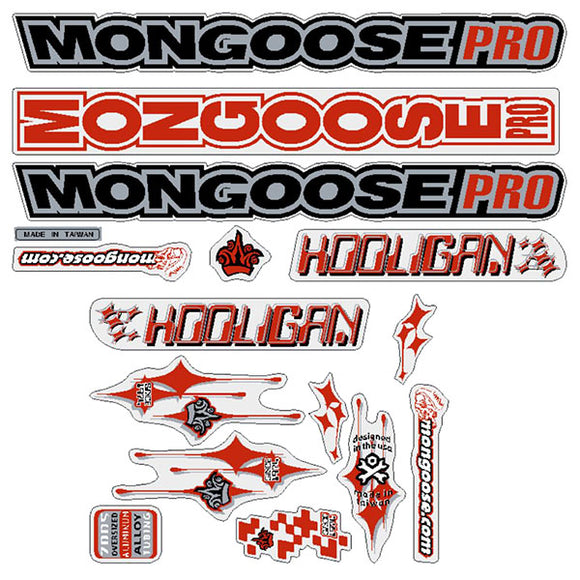 Mongoose - 2001 Hooligan - Silver Red - Decal Set - Old School Bmx