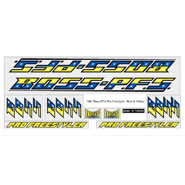 BOSS - PFS - Pro Freestlye Yellow blue decal set - old school bmx - Bmx Products AU