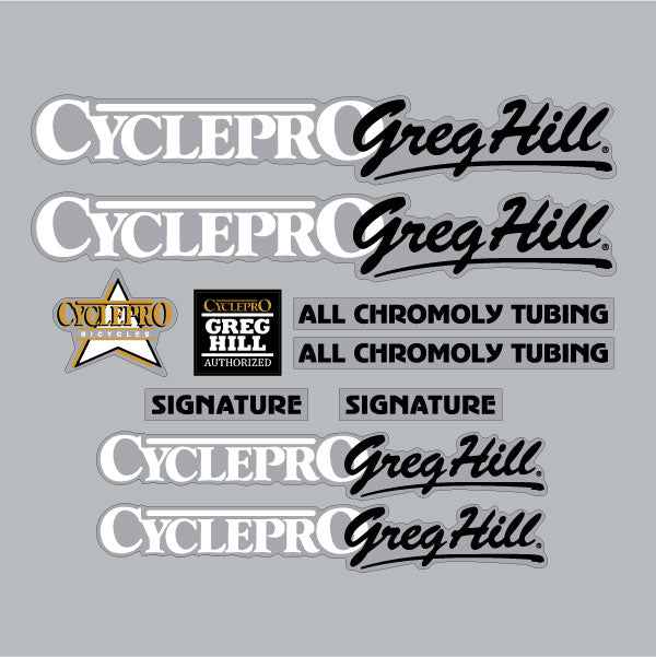 Cycle Pro - GREG HILL Signature - White decal set - old school bmx - Bmx Products AU