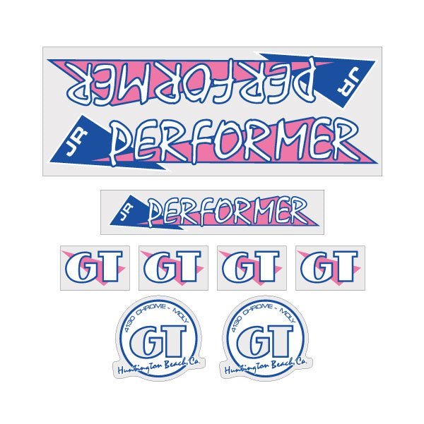 GT - 1986 JR Performer - Pink and blue on clear - decal set - Old school bmx - Bmx Products AU