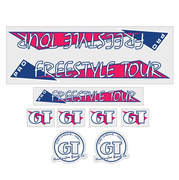 GT - 1986 PRO Freestyle Tour - Pink and blue on Clear - decal set - Old school bmx - Bmx Products AU