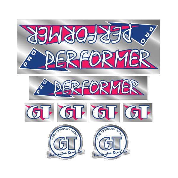 GT - 1986 PRO Performer - Pink and blue on Chrome - decal set - Old school bmx - Bmx Products AU
