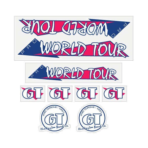 GT - 1986 PRO World Tour - Pink and blue "THIN FONT" on clear - decal set - Old school bmx - Bmx Products AU